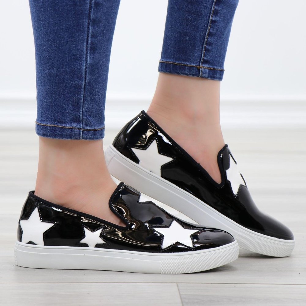 New, Black With White Stars Patent Sneakers Shoes